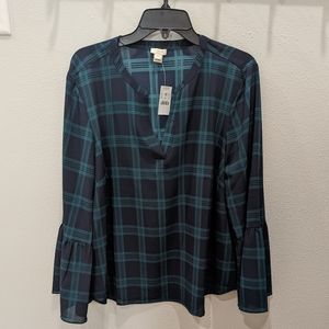 NWT J. Crew tartan printed bell-sleeve top